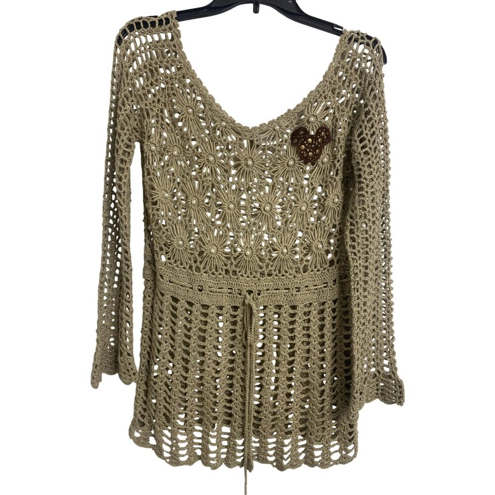 Disney Parks Crochet Long Sleeve Tunic Sweater in Tan Mickey Shape Detail Y2K